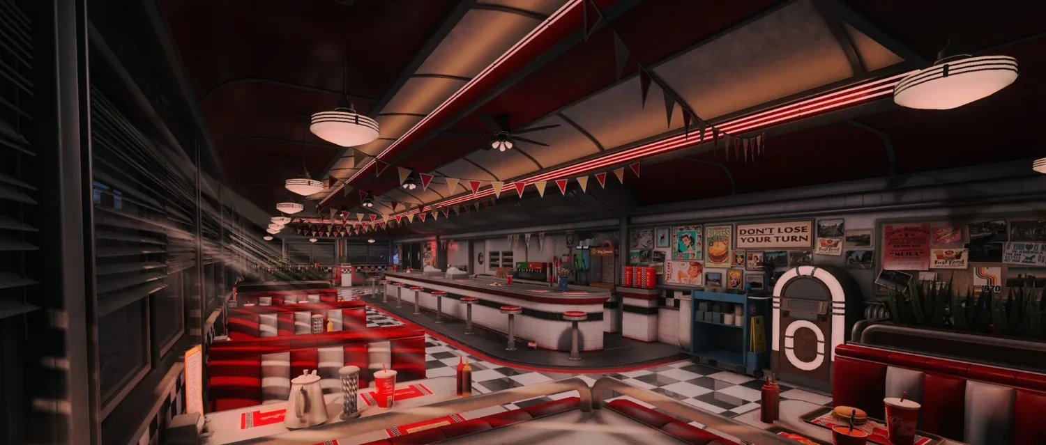 Retro diner with red booths and counter
