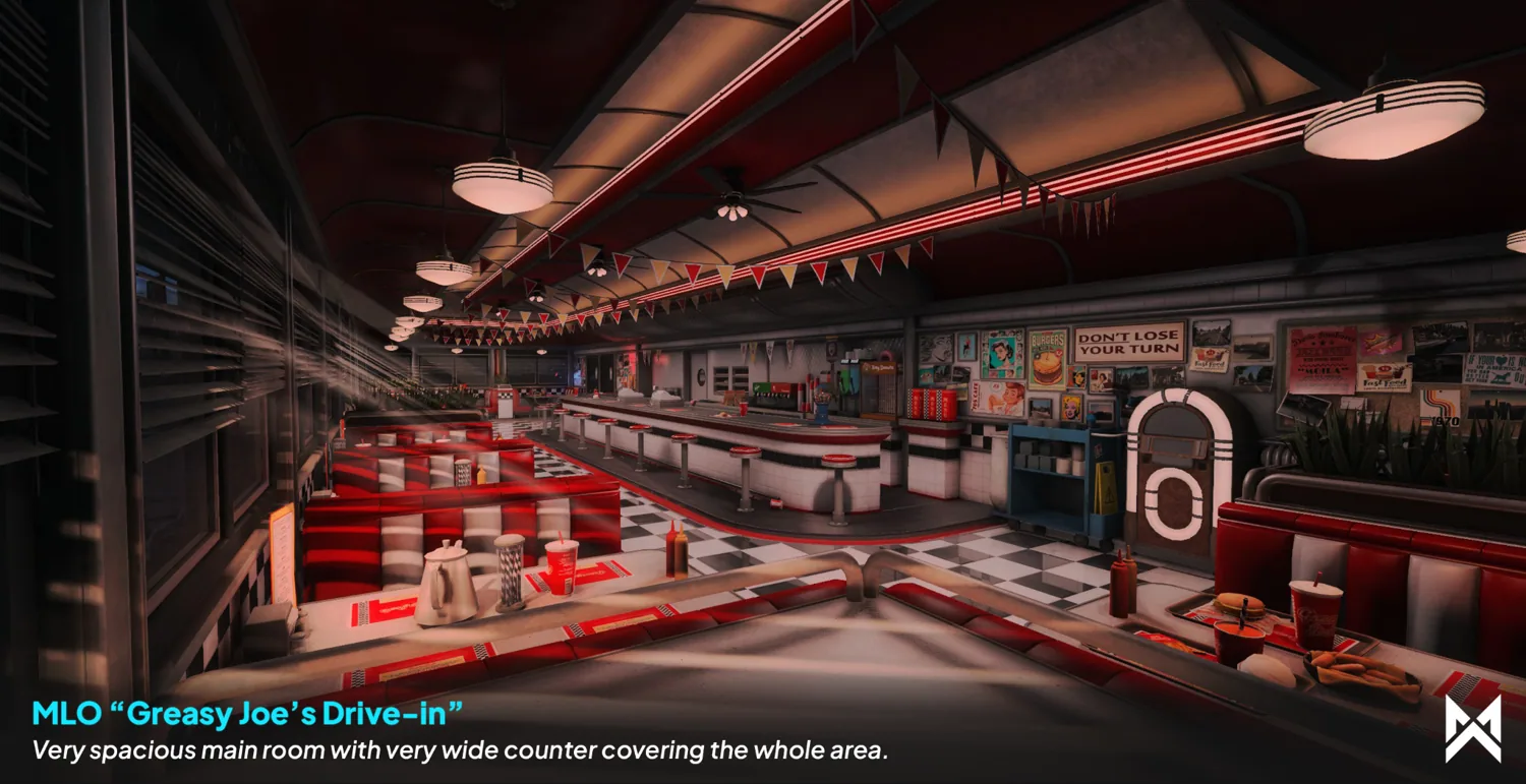 Greasy Joe's diner interior with red booths and long counter